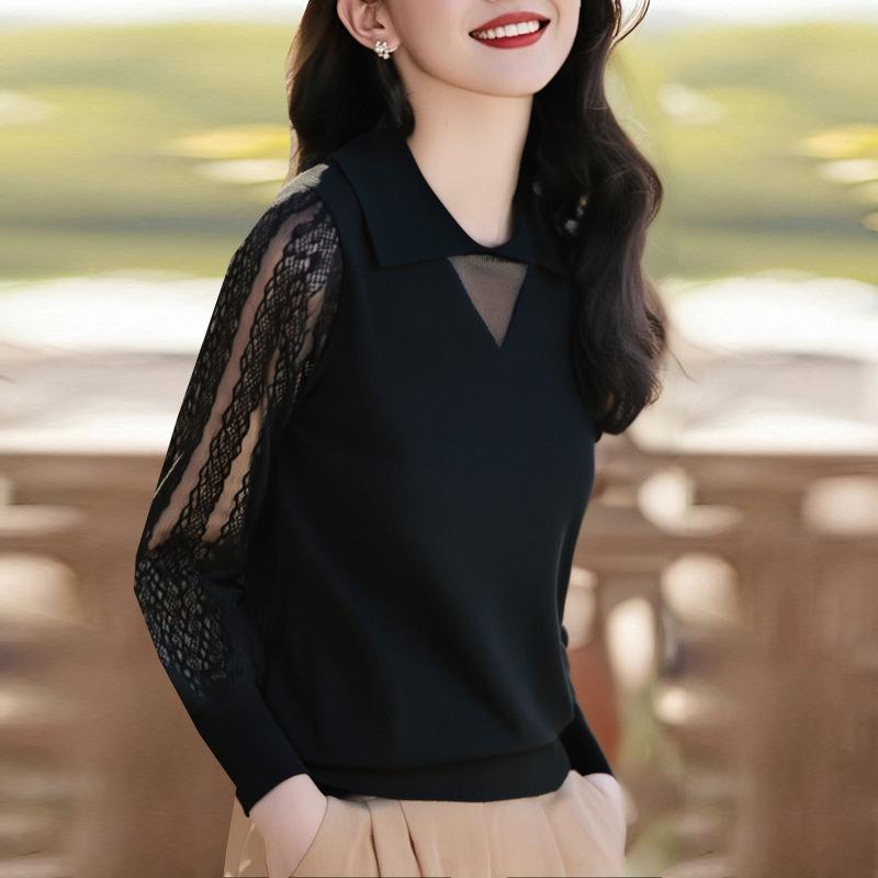Spring and Autumn Lace Knitted Sweater Long Sleeve Top Women's Small Lapel Bottom
