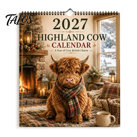 Инструмент управления временем для Office 2027 Календарь сезонов Highland Cow, 12-месячный настольный планировщик с милыми рисунками, 2025 Настенный календарь Плотная бумага Ежедневный