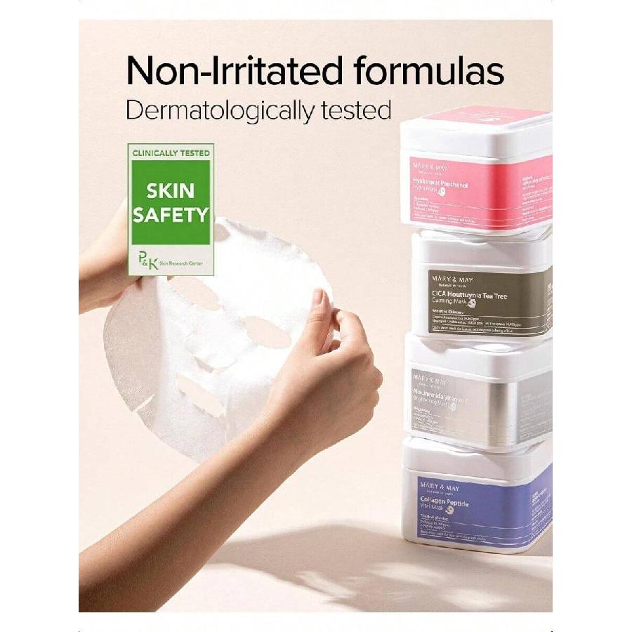 Mary&May Коллагеновая пептидная витальная маска 400г(30 шт.) - Ежедневная вытягивающаяся тканевая маска для улучшения морщин и эластичности с низкомолекулярным коллагеном
