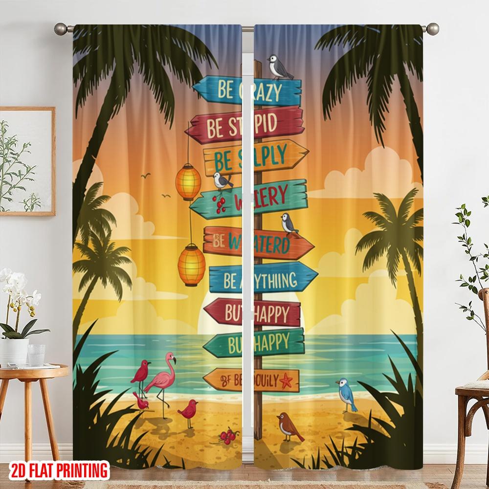 2pcs 2D Flat Printing Scene Curtains Beach Signpost Life Polyester Without Electricity Seasonal Party & Holiday Decor for Booths