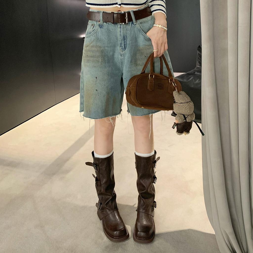 Grape Mother Same Fashionable Belt Buckle Square Round Head Pleated Medium Tube Knight Boots Women's Retro Old Heightening Pile Boots