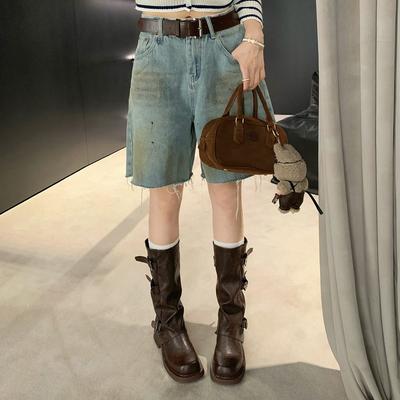 Виноградная мать та же модная пряжка ремня квадратная круглая голова плиссированные полусапоги рыцарские сапоги женские ретро старые увеличивающие рост сапоги-чулки