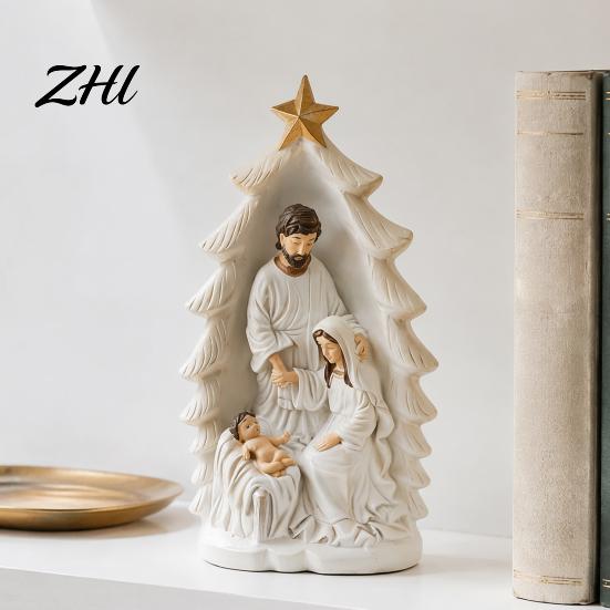 Holy Family Figurine for Home Decor Nativity Statue, Christmas Tree Resin Ornament, Hand-Painted Religious Ornament Tabletop Altar & Fireplace Display
