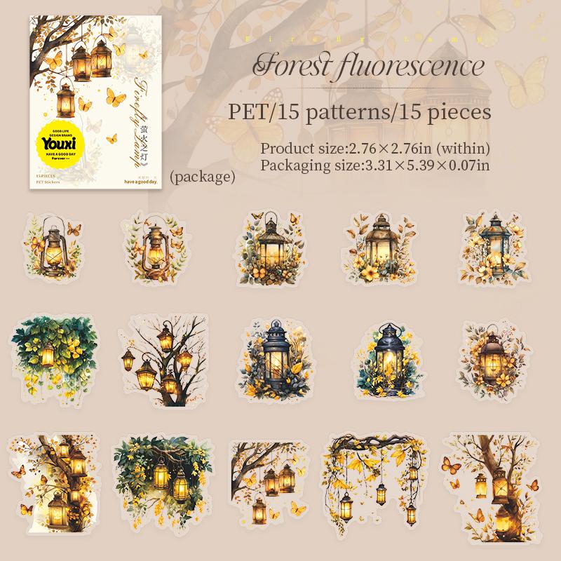 15pcs Retro Firefly Lamp PET Sticker Pack DIY Decoration Collage Handbook Scrapbooking Journal Stickers Aesthetic Stationery