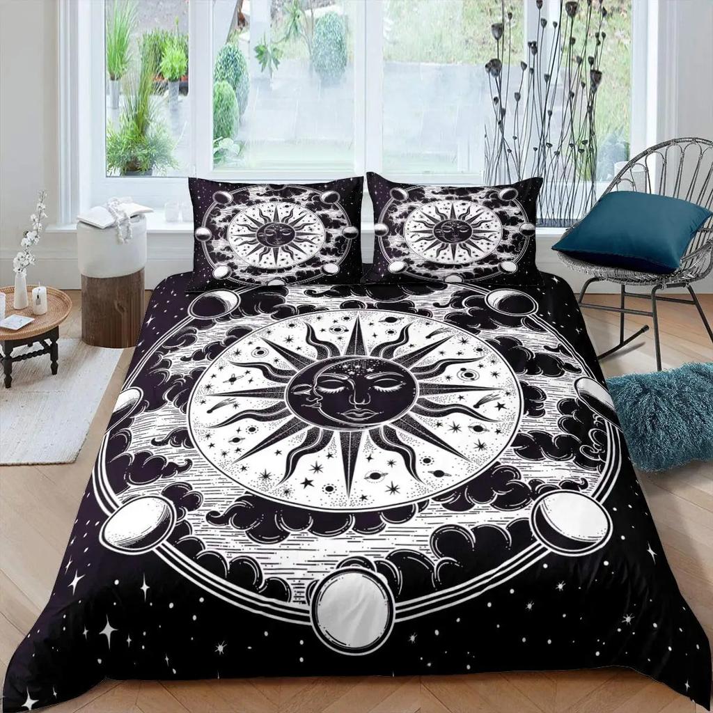 Sun Moon Duvet Cover Set Queen Microfiber Bohemian Black And White Print Yin Yang Comforter Cover Galaxy Star Twin Bedding Set