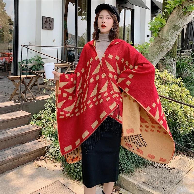 21 Style Big Pendulum Cloak With Hat Arabic Poncho Women Leopard Pocket Shawl Cape Knitted Middle East Split Thick Warm Blanket