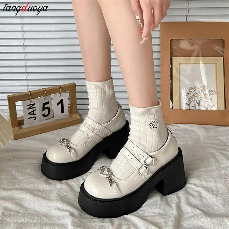 Модные лоферы с цепочкой, женские туфли на платформе, осенние новинки, туфли Мэри Джейн на высоком каблуке, туфли-оксфорды с круглым носком, женские туфли в стиле «Лолита»