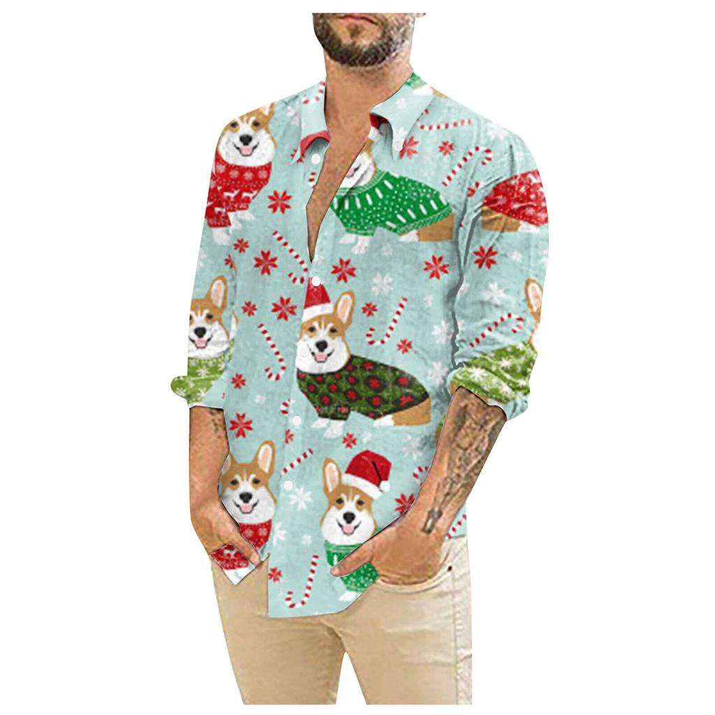 Мужские рождественские рубашки с длинным рукавом и цветочным принтом, топы на пуговицах, забавная милая классическая рубашка с рисунком
