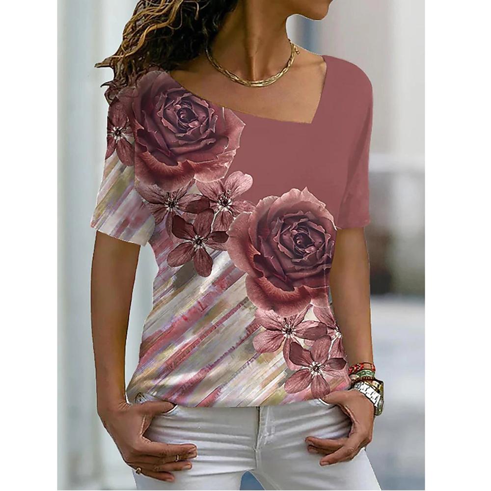 Женские футболки с цветочным принтом Женская одежда Топы с короткими рукавами Толстовки с v-образным вырезом Уличная одежда Футболки большого размера Женская футболка