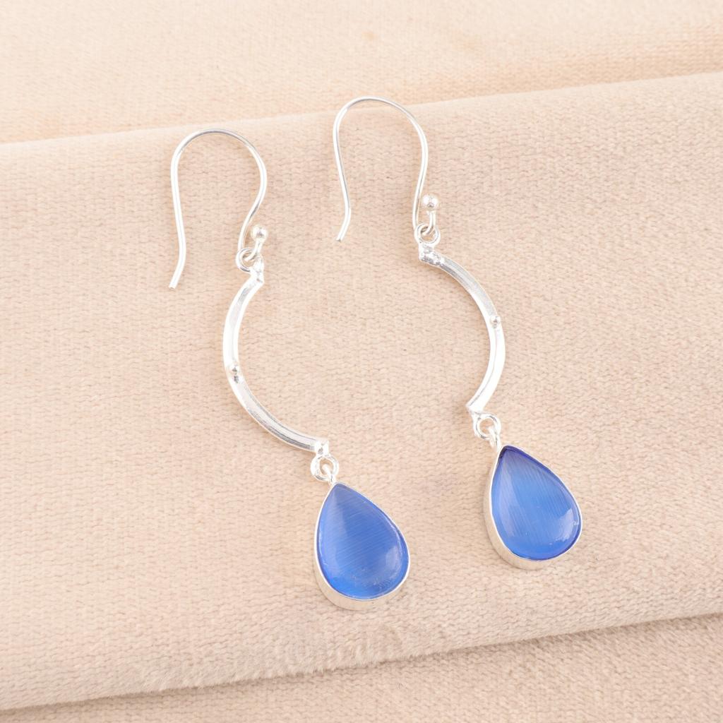 Dark Blue Cat's Eye Gemstone 925 Sterling Silver Jewelry Handmade Earrings 2.60" EE-43-42
