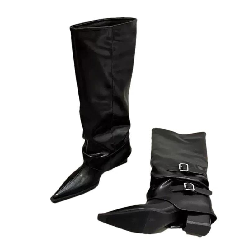 Женские кожаные высокие сапоги на среднем каблуке с острым носком и пряжкой, женские модные новые ботинки челси, туфли-лодочки, готическая мода, женские зимние сапоги