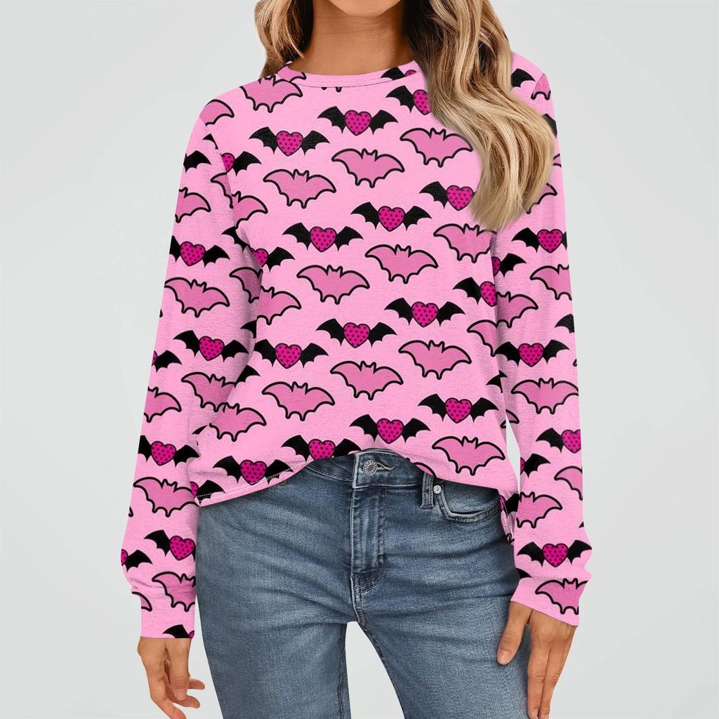 Women's Fashion Long Sleeve Shirts Loose Fitted Crewneck Basic Halloween Print Tops Casual Outfits