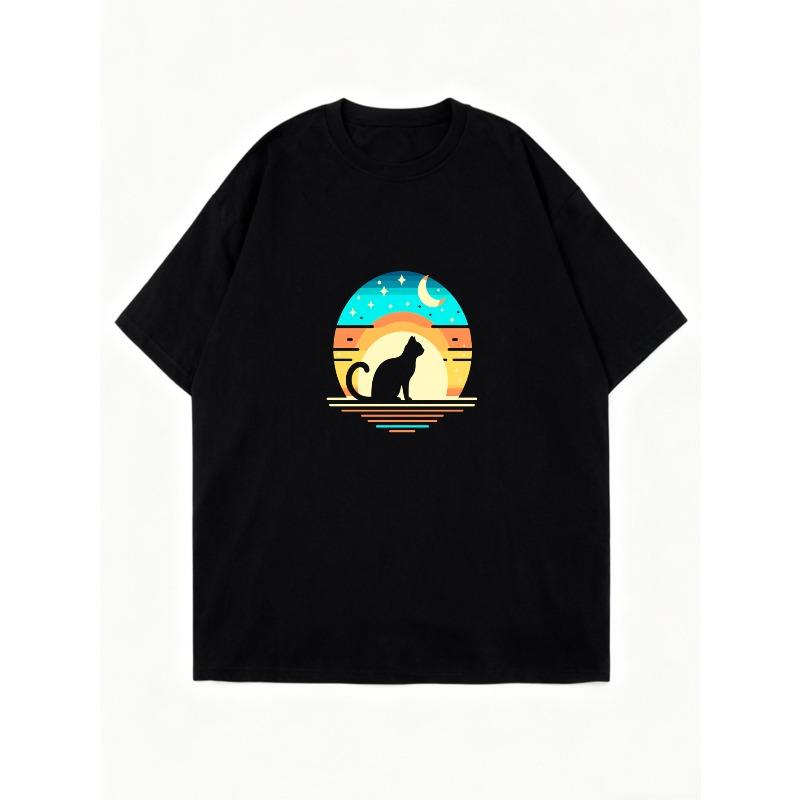 Оверсайз футболка Черный кот Силуэт Закат и луна Принт Повседневная одежда Для женщин