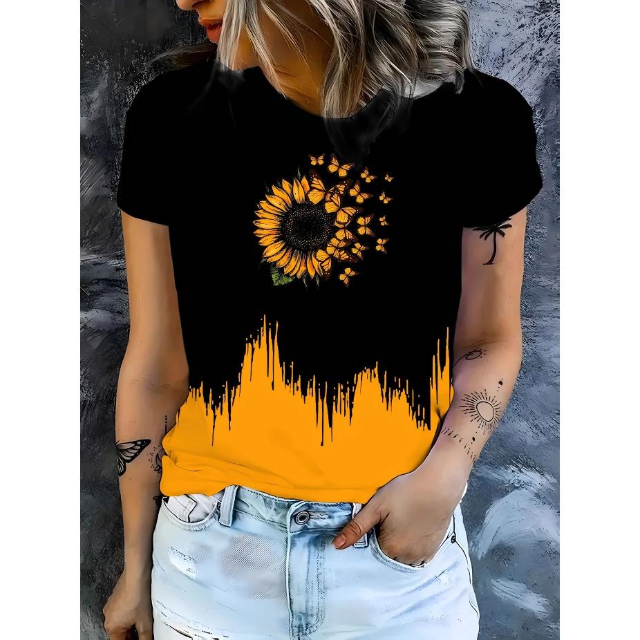 Женская футболка с цветочным принтом - Ярко-желтая и синяя ромашка, круглый вырез, короткий рукав, всесезонный повседневный топ, женские футболки