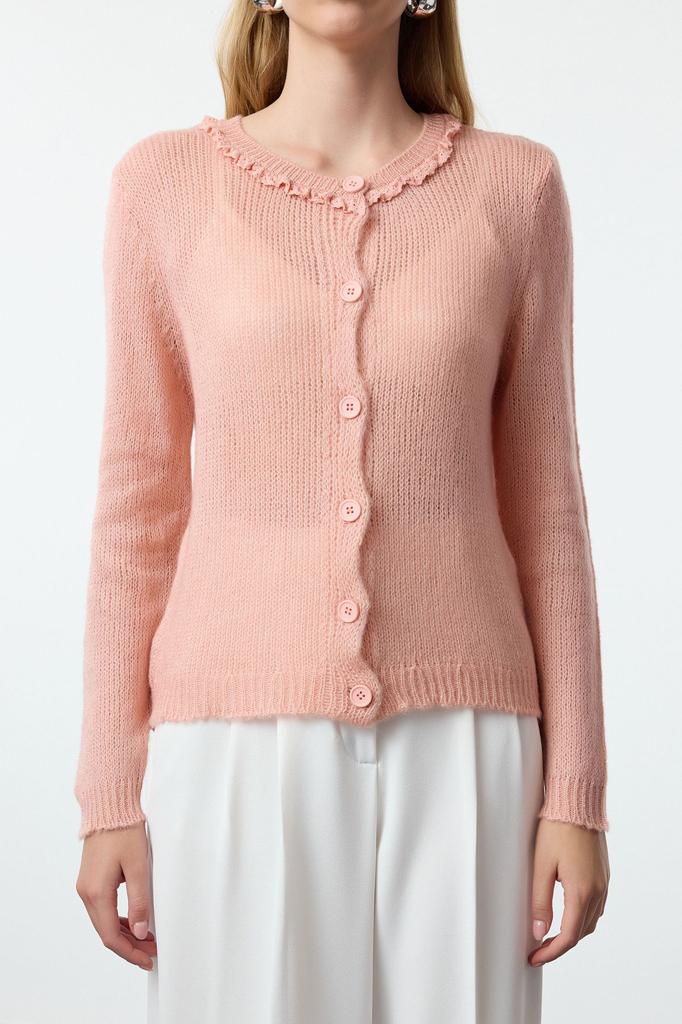 Women's Fashion Stylish Cardigan Pink Soft Textured Tulle Embroidered Knitwear Cardigan