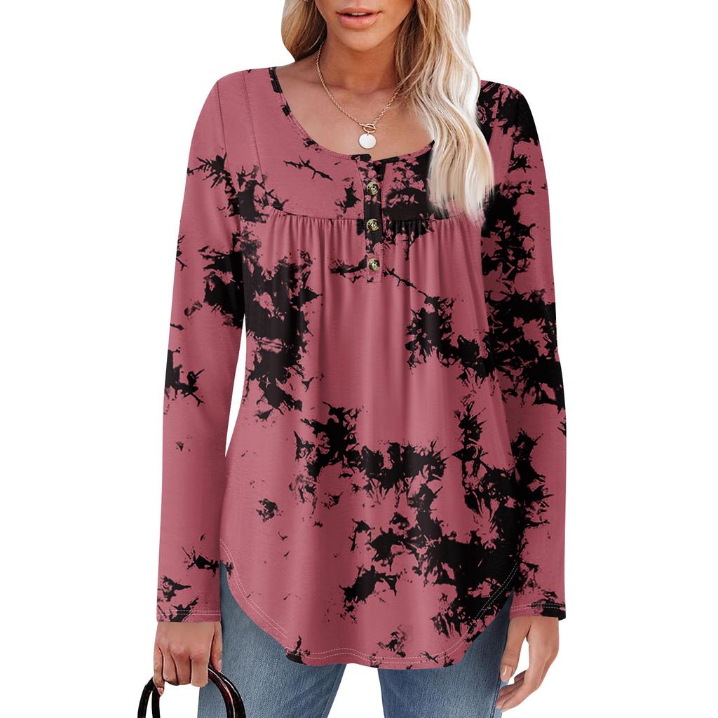 Женская туника с длинным рукавом, свободные топы, повседневные топы оверсайз, плиссированная туника, застегивающаяся на пуговицы, повседневные женские топы с принтом