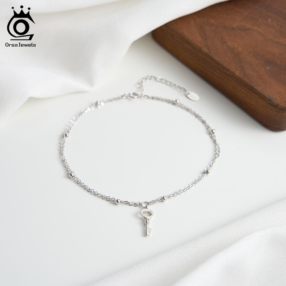ORSA JEWELS Элегантный Многослойный Серебряный Браслет на Лодыжку S925 со Подвеской-Ключом для Женщин Летняя Цепочка на Ногу Украшения SA102