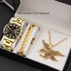 3PCS Men Fashion Sports Watches Luxury Gold Stainless Steel Wrist Watch for Mens Business Wristwatch Bracelet Necklace Set