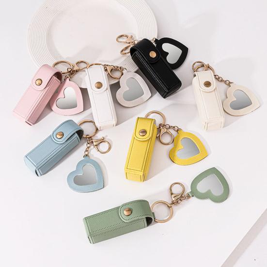 Lipstick Clip Keychain Pendant with Mirror Imitation Leather Lip Gloss Holder Heart-Shaped Pendant Alloy Key Ring