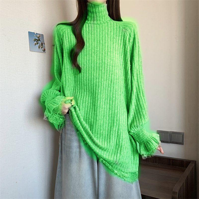 Женский пуловер большого размера в стиле ретро с кружевом под горло и пайетками - осенне-зимний базовый слой до бедер