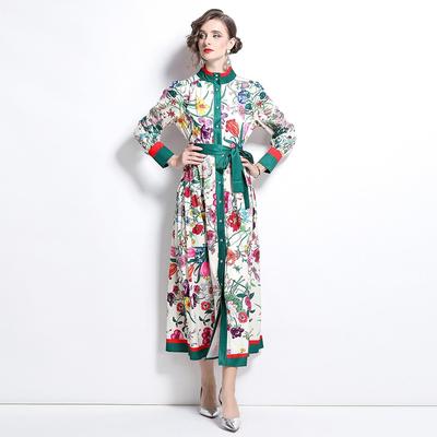 Весна Осень Женское Стоячий Воротник Винтаж Дворцовый Принт Дизайнерское Подиумное Платье Однобортное Длинное Макси Оверсайз Свободные Платья Для Вечеринок На Шнуровке