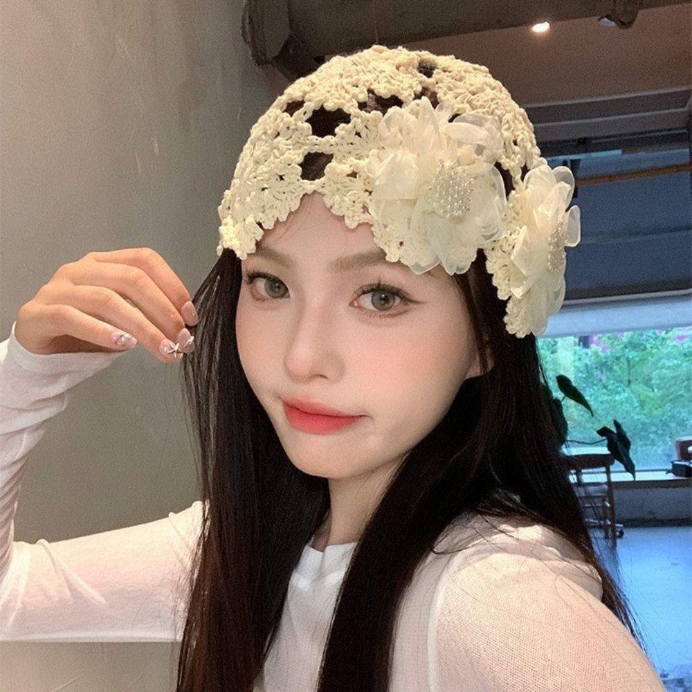 Pearl Hollowed Out Knitted Hat Elegant Bohemian Style Beanies Sweet Crochet Flower Hat Girls