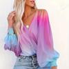 Gradient Print Surplice Neck Blouse, Casual Lantern Long Sleeve Blouse For Spring & Fall, Women's Clothing