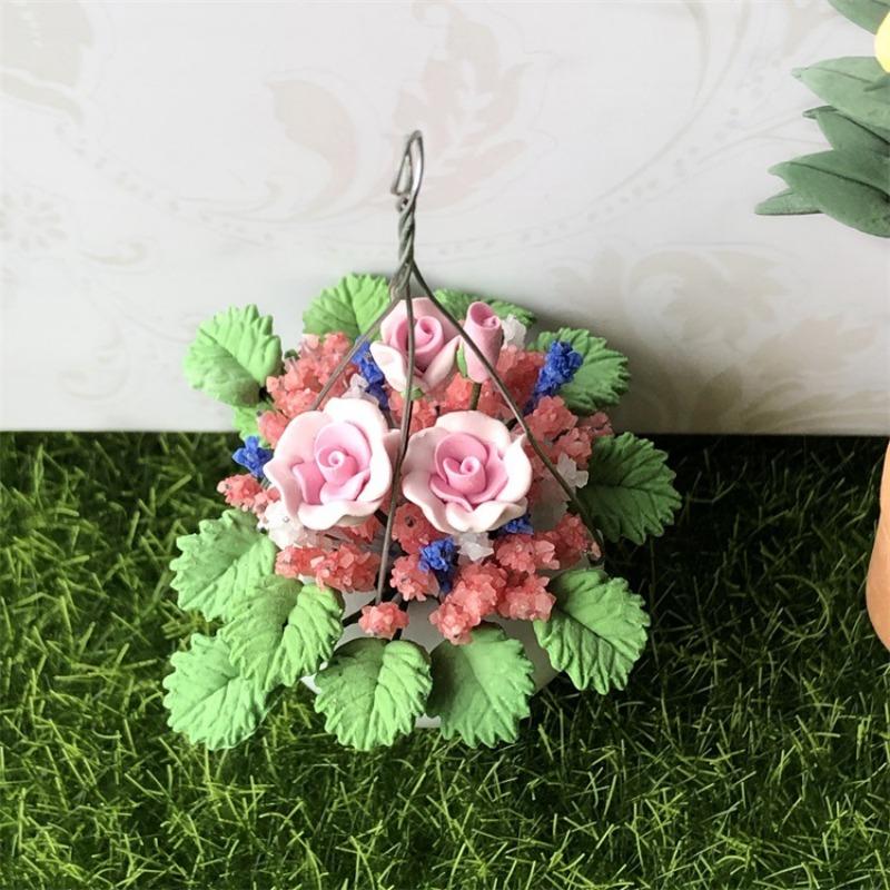 1pcs Garden Balcony Flower Arrangement Ceramic Planter Can Hang Pink Rose Bush Crafts Miniature Scene Ornaments Potted Plants Garden Greenery