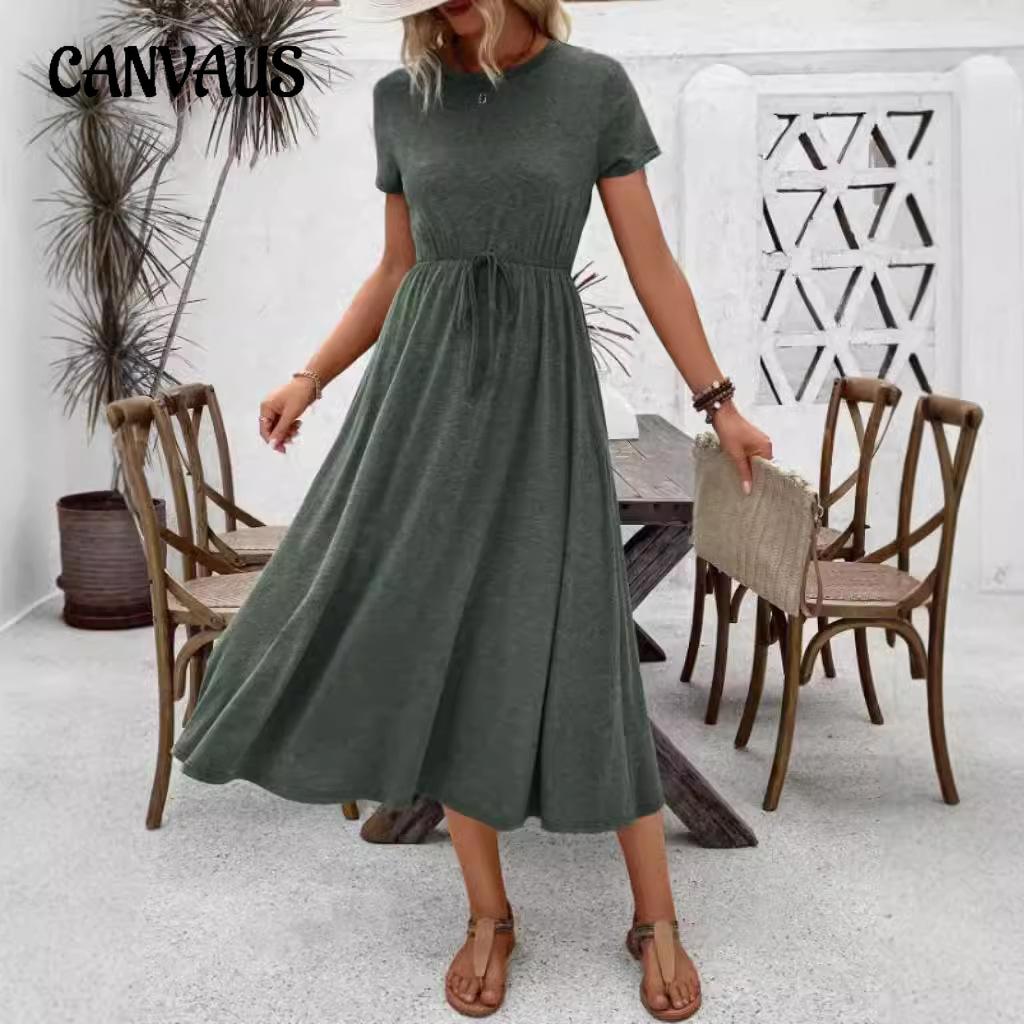 Платье с круглым вырезом, летнее, однотонное, с коротким рукавом, большого размера