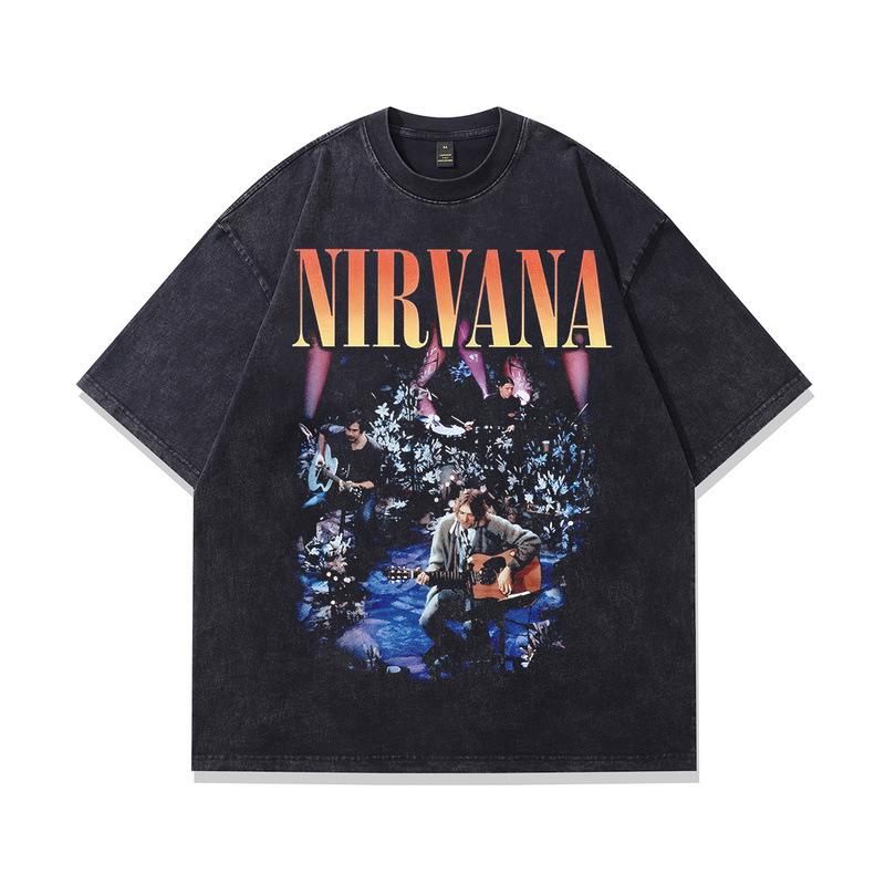 Men'S Pure Cotton T-Shirt European And American High Street Vintage Washed Nirvana Band Printed Short-Sleeved T-Shirt Men