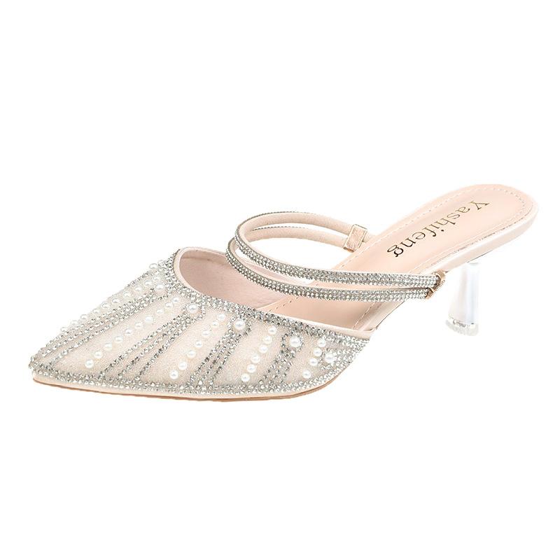 Босоножки на высоком каблуке с жемчугом и стразами женские новые одна туфля две фея французский темперамент сумка головка модные тапочки