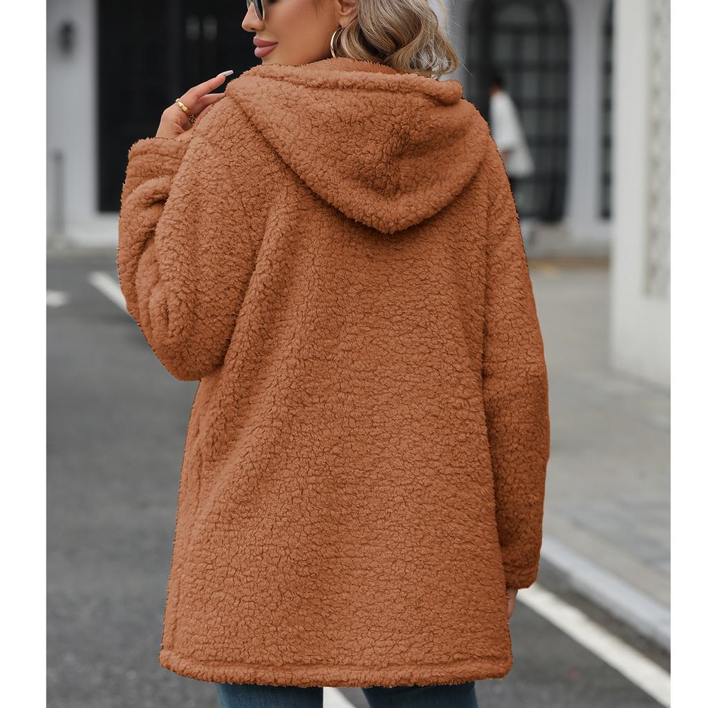 Women's Loose And Winter Thick Plush Zip Contrast Patchwork Hooded Jacket