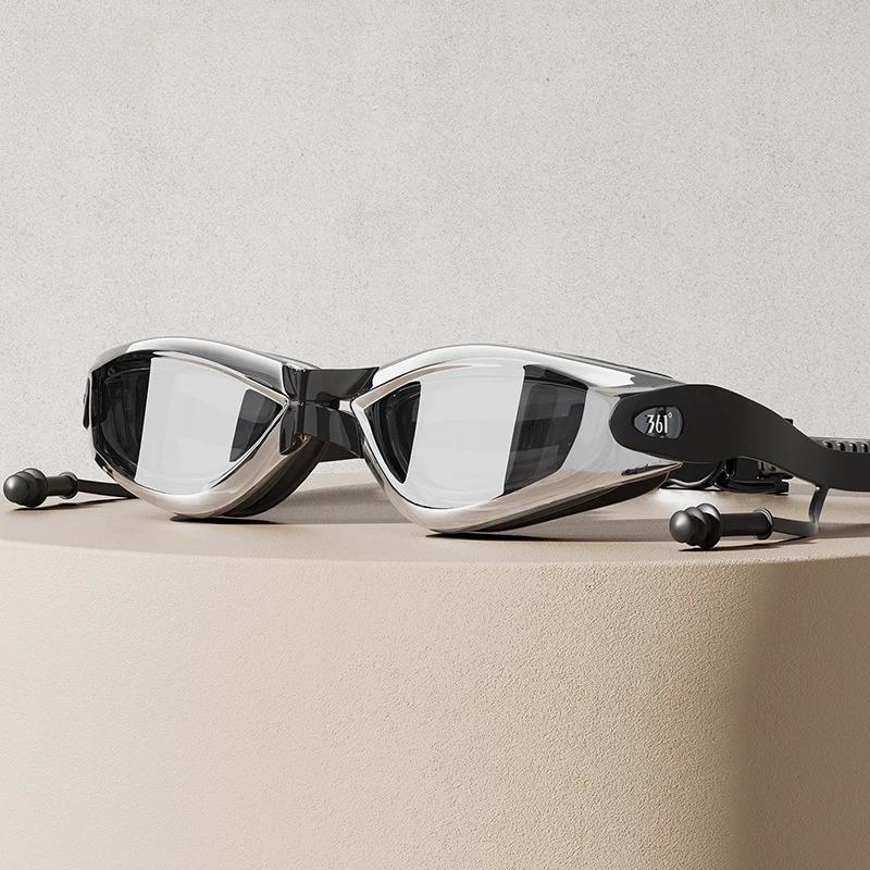 Интегрированные беруши Очки для плавания Широкоугольные цветные взрослые Незапотевающие линзы с покрытием от УФ-излучения Шапочка для плавания Очки для бассейна