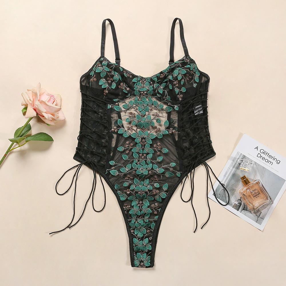 Lace Embroidery Bandage See-Through Sexy Bodysuit for Women