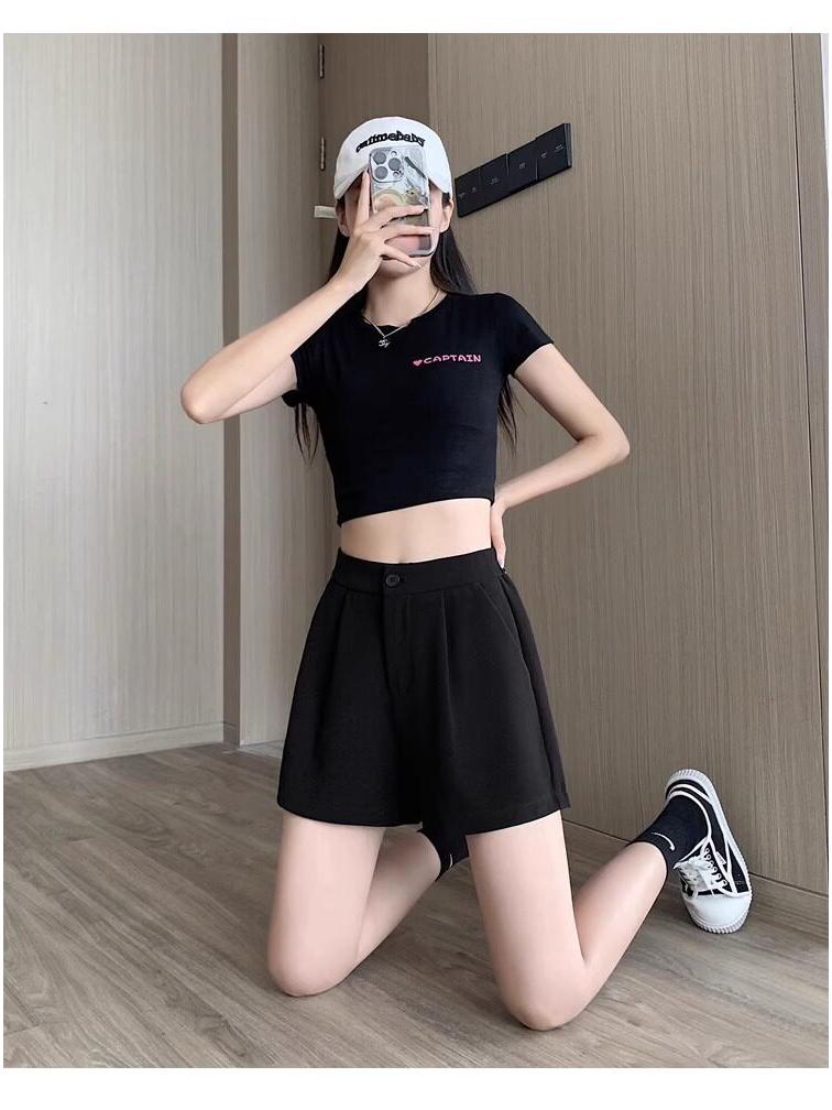 Women's Summer 2025 Black Wide-Leg A-Line High-Waist Elastic Capris Shorts