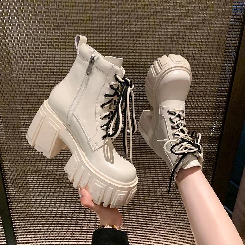 Модные осенние женские высокие ботильоны на платформе, зимние толстые подошвы, мотоциклетные ботинки, каблук 9,5 см, толстые металлические короткие кожаные кроссовки для женщин