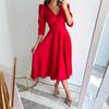Лето 2025 Однотонное платье-свинг с V-образным вырезом, завязкой на талии и рукавами-буфами для работы