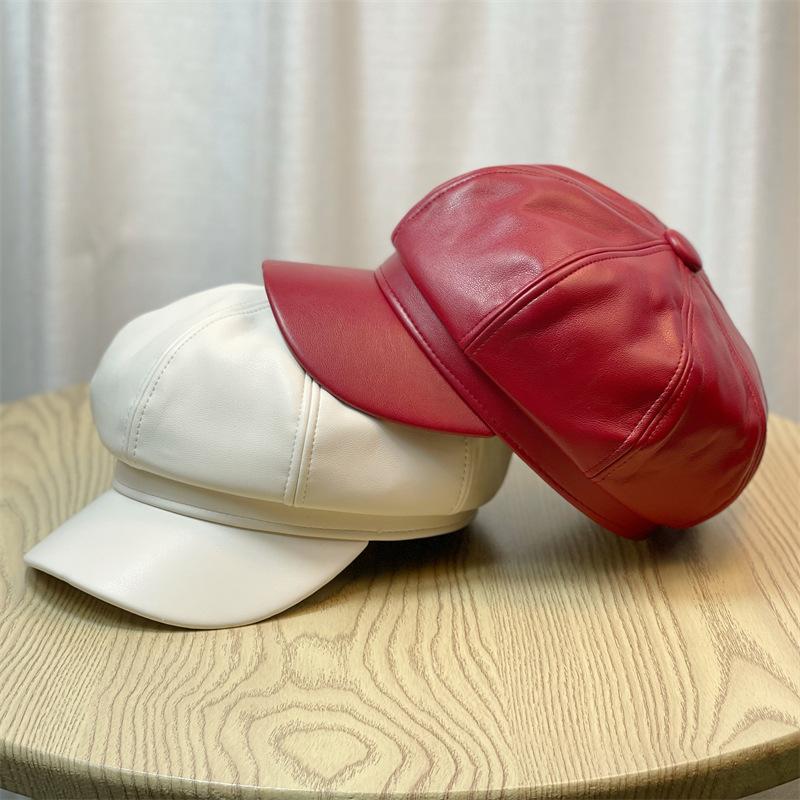 Осень и Зима Женская Восьмиугольная Шляпа с Большой Головой Кожаная Шляпа Художника Корейская Версия ПУ Большая Кепка с Козырьком Британский Универсальный Берет Мужская Зимняя