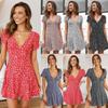 Women Floral Print Short Sleeve Sexy V Neck Cocktail Party Beach  Dress