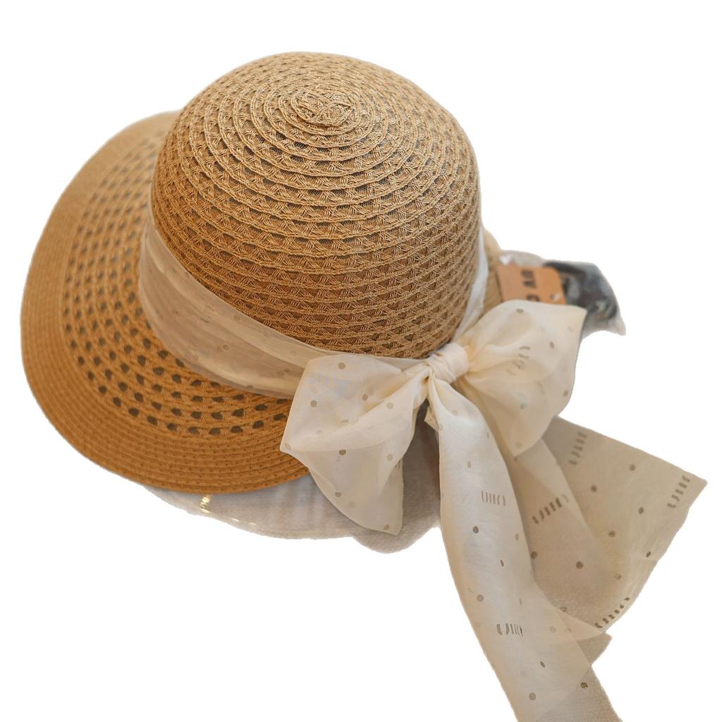 French hollow sweet bow streamer straw hat women spring and summer vacation elegant travel sunshade bucket hat