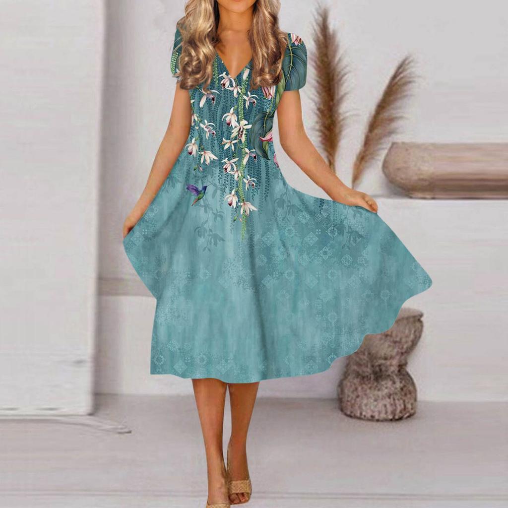 Women's Spring And Summer Fashion V Neck Short Sleeve Flower Printed Loose Hem Dress