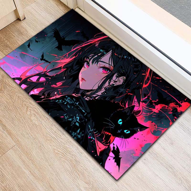 Anime Girl Black Cat Bat Neon Dark Art Print Area Rug Non‑Slip Floor Mat Gaming Room Home Bedroom Decor