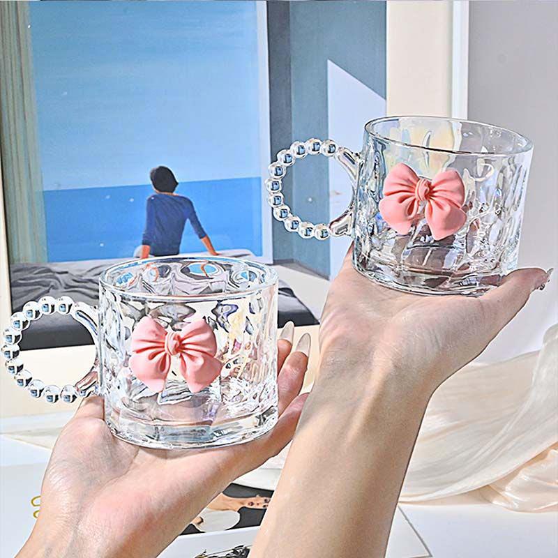 Стеклянная кружка с ручкой, розовый бант, прозрачная чашка для воды, чашка для чая с цветком, кофейная чашка, портативная многоразовая чашка для питья