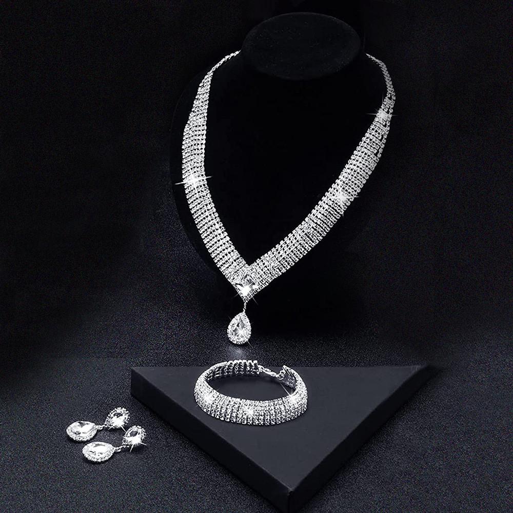 Water Drop Necklace Earring Bracelet Set With Zirconia For Bridal Wedding Dress Accessories