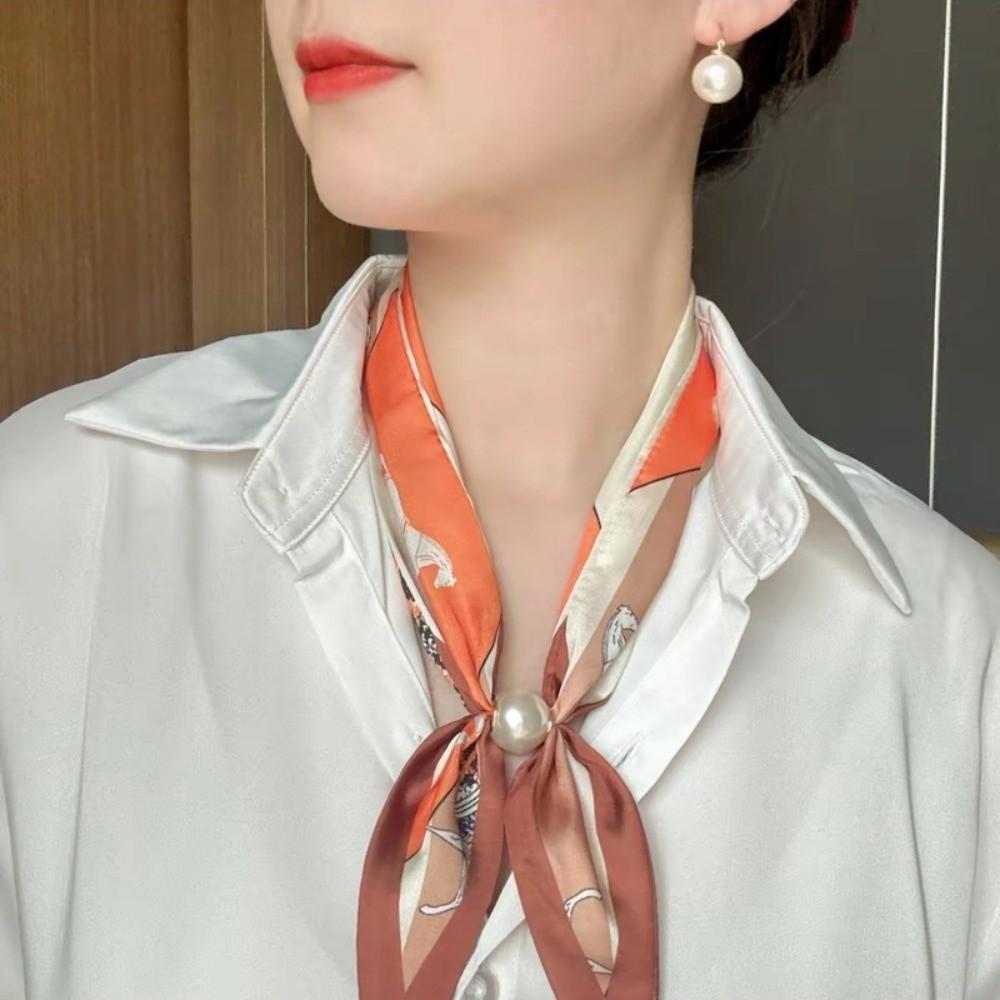 No Tie Silk Scarf Magnetic Pearl Buckle Women Neckerchief Sun Protection Satin Neck Scarf  Summer