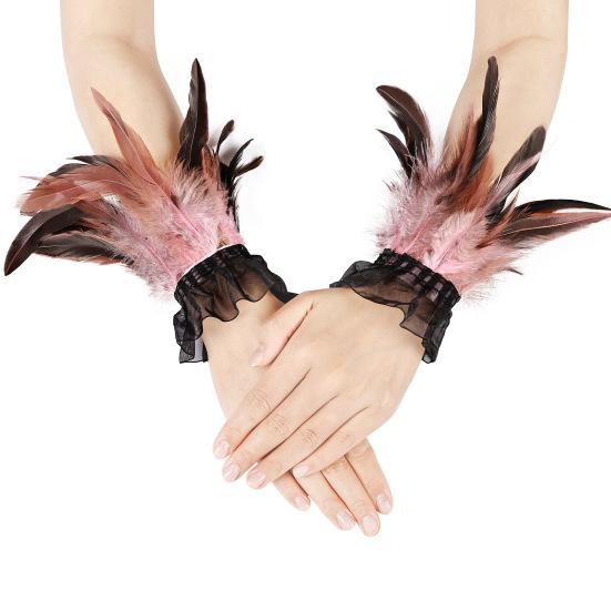 Women's Feather Wrist Cuffs Gothic Feather Fingerless Gloves Wristband Mesh Cuff for Halloween Cosplay Costume Accessories