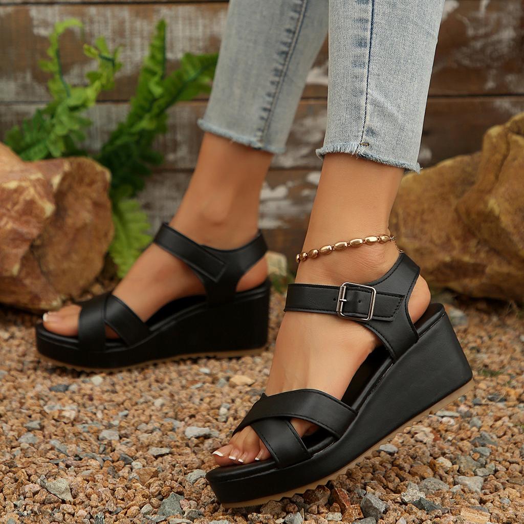 2025 летние новые босоножки на танкетке с рыбьим ртом женские босоножки на высоком каблуке с круглой головкой и пряжкой женские повседневные босоножки с открытым носком женские