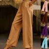 Осень Новые Женские Хлопково-Льняные Однотонные Модные Повседневные Ежедневные Брюки с Широкими Штанинами, Боковыми Карманами, Эластичной Талией на Кулиске