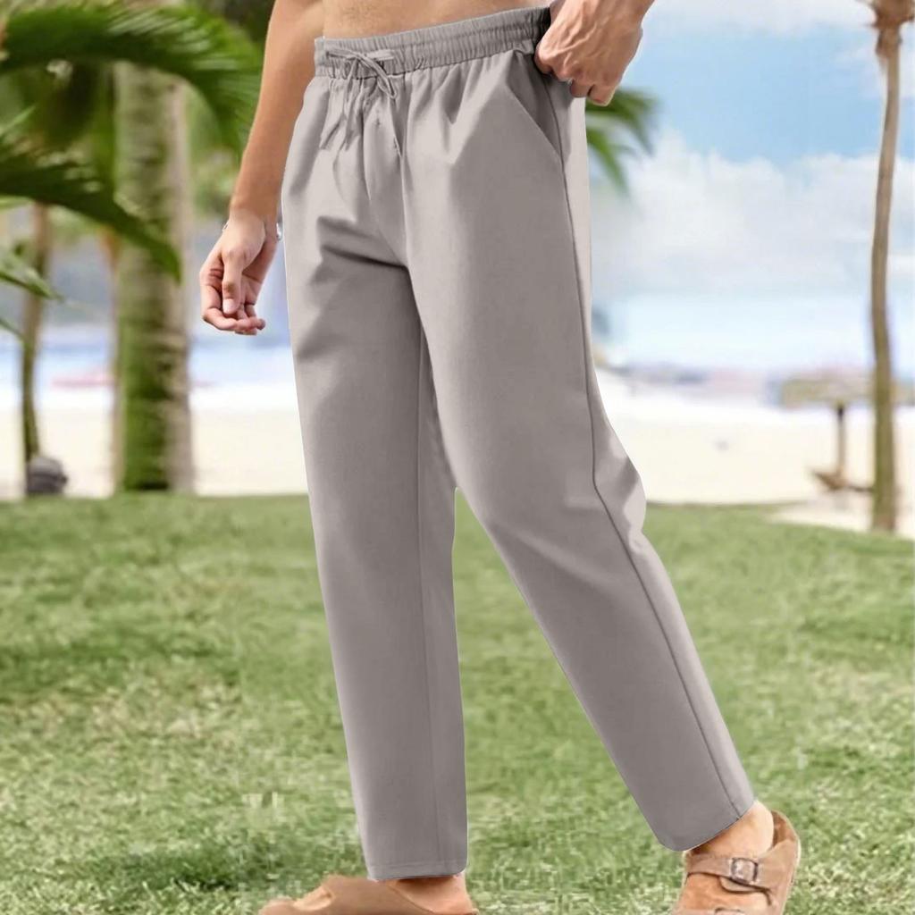 Льняные повседневные брюки мужские с эластичной талией и завязками на шнурке летние брюки для йоги и пляжа