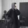Мужское черное шерстяное пальто средней длины с капюшоном - зимнее, утолщенное, свободное, корейский стиль